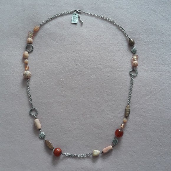 Chico's Necklace, Signed.  Silver Tone Chain with Orange/Tan Beads NWT - Picture 1 of 9